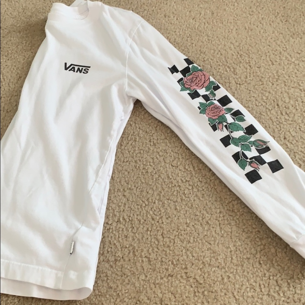 White Vans Tee with Rose and Checkered Sleeves